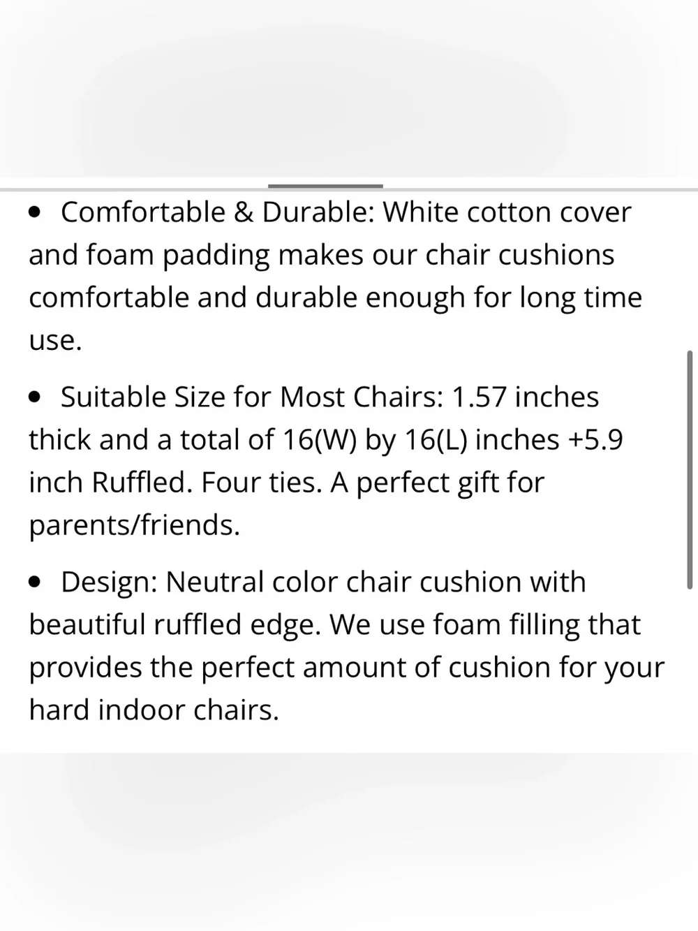 Farmhouse Neutral Thin Chair Cushion with Removable Ruffle Cover 16x16” WHITE
